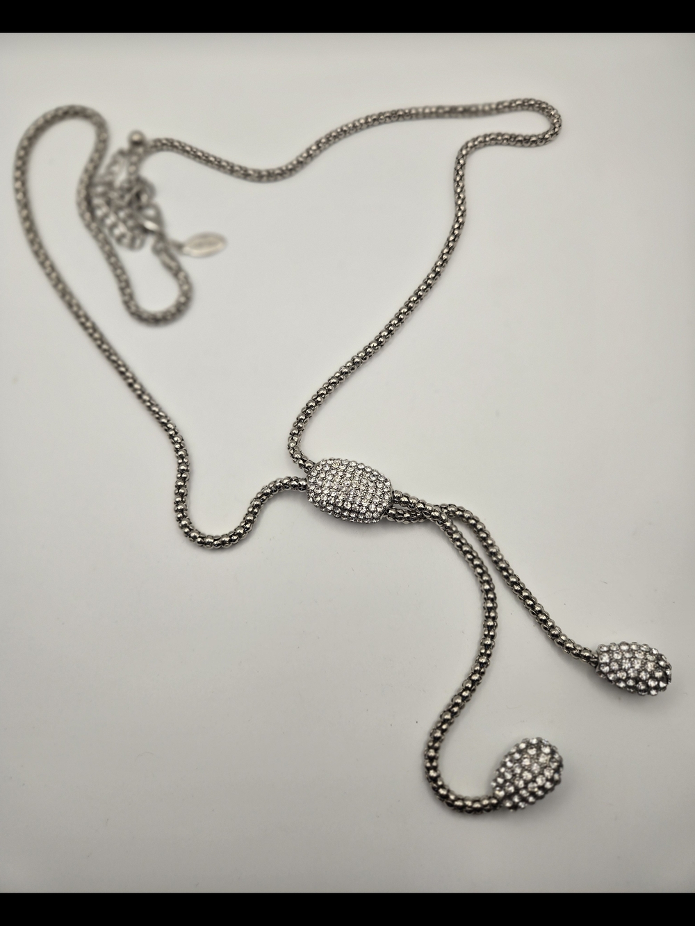 Chico's Long Silver-tone Crystal Lariat Necklace Elegant Statement Classic Chic